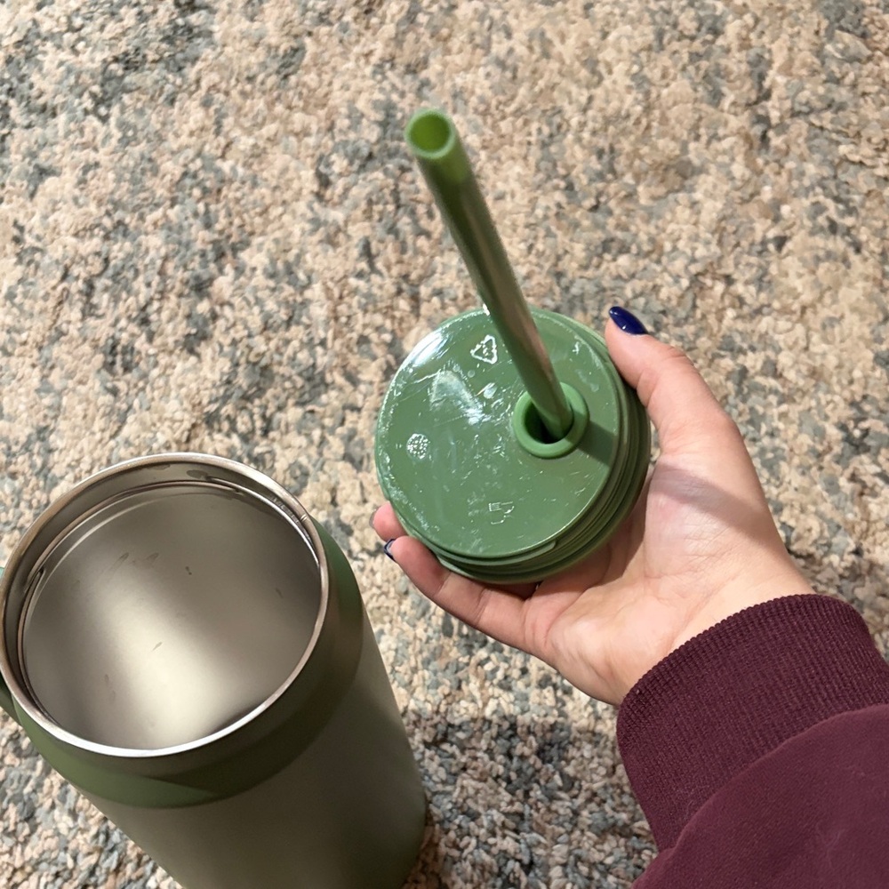 Slim Can-Style Travel Tumbler with Handle and Straw - Olive Green - Picture 8 of 9